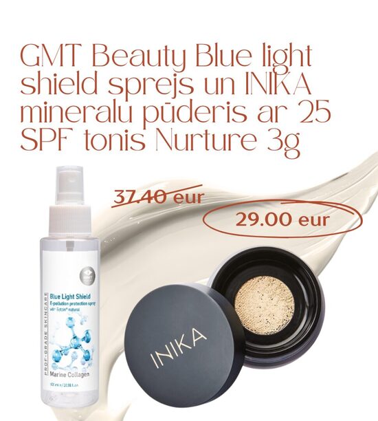 GMT BEAUTY Blue Light Shild Sprejs un INIKA minerālpūders ar SPF 25, komplekts